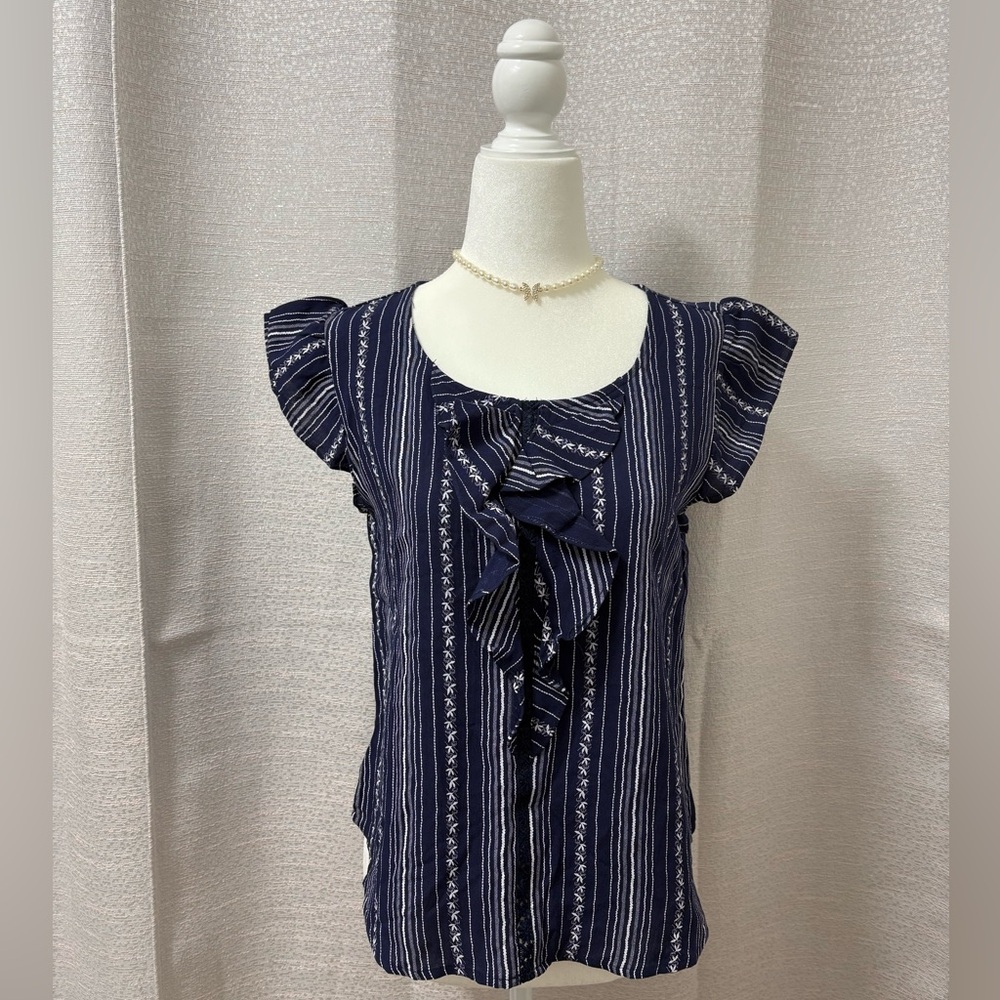 Miley + Molly Navy Blue Vertical Stripe Ruffle Front Cap Sleeve Top Small Boho